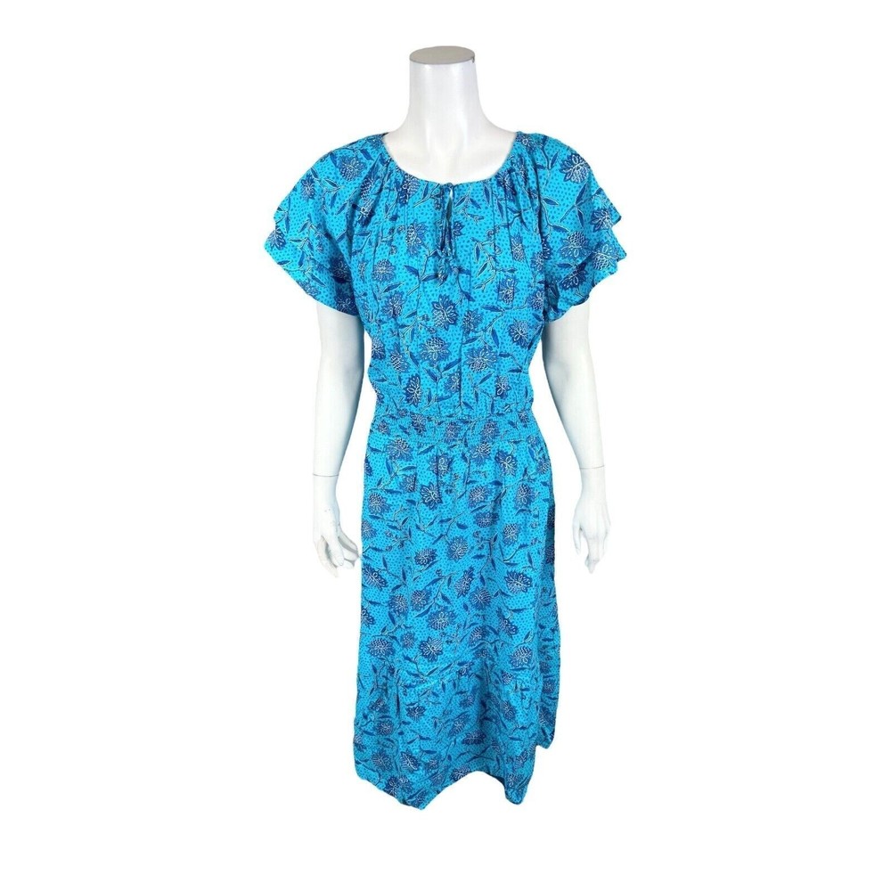 Destination 365 Reg. Print Short-Sleeve Midi Dress w/ Smocking Blue X-Large Size